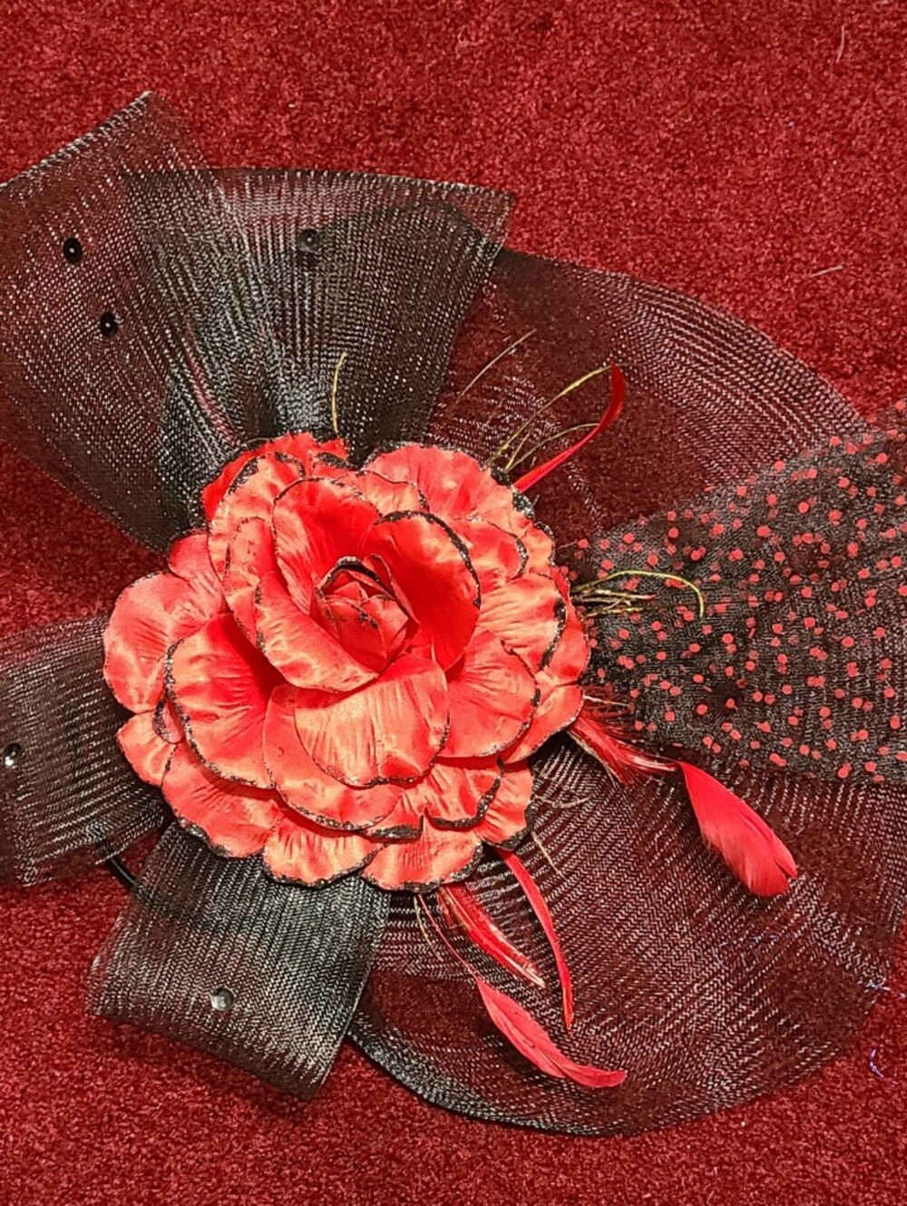 Claire's Red and Black Floral Feather Hair Fascinator NWT